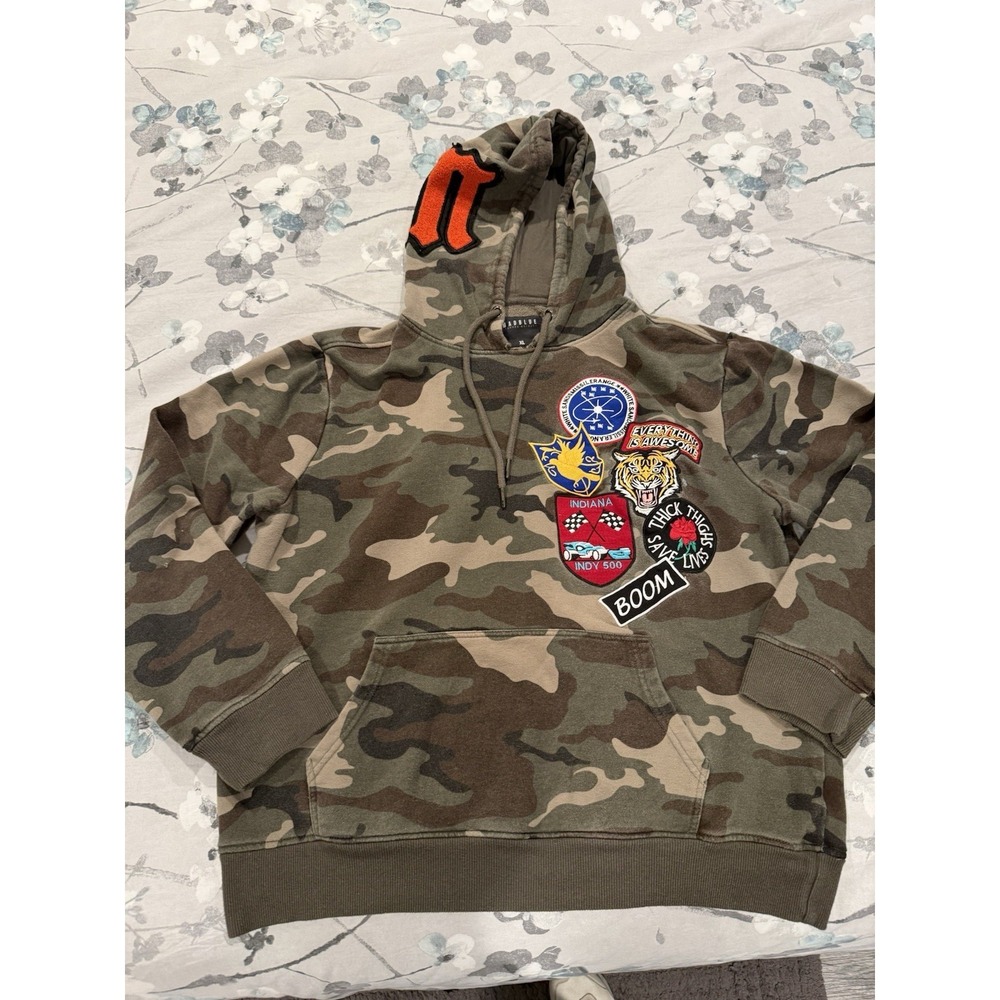 Mad Blue In Goods We Trust Camo Hoodie Varsity Flight Patches Size X-Large
